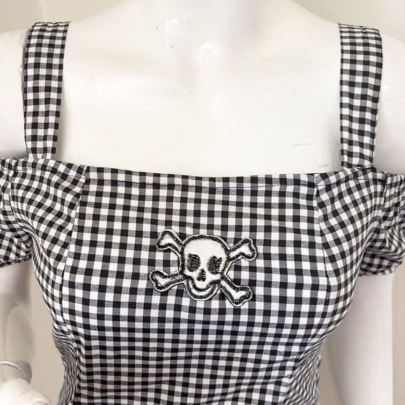 New Look Black White Checkered Off Shoulder Mini Dress Ruffled Hem Skull Detail - Picture 2 of 6